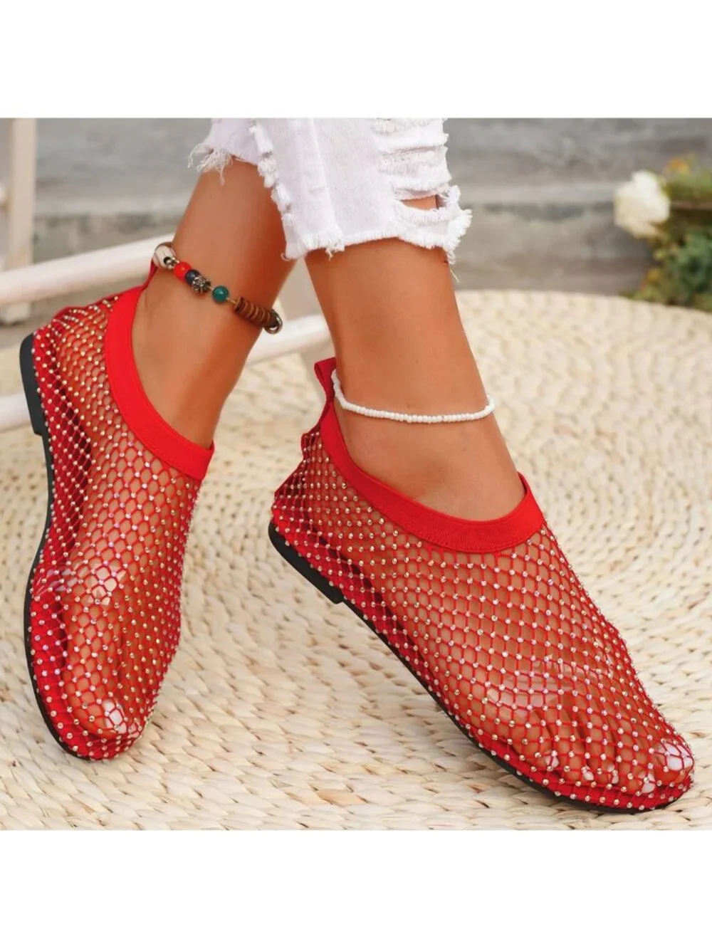 Women's Red Mesh Comfortable Fishnet Low Heel Slip on Rhinestone Flats Shoes